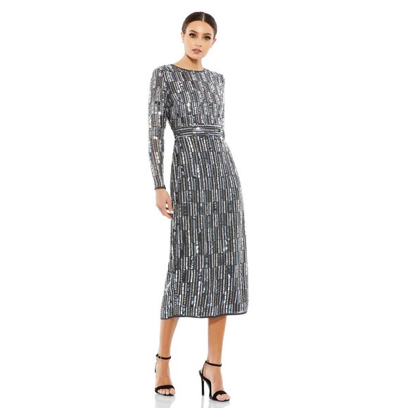 NWT Mac Duggal Embellished High Neck Long Sleeve Fitted Dress Charcoal 14 #A0309 - Picture 1 of 13